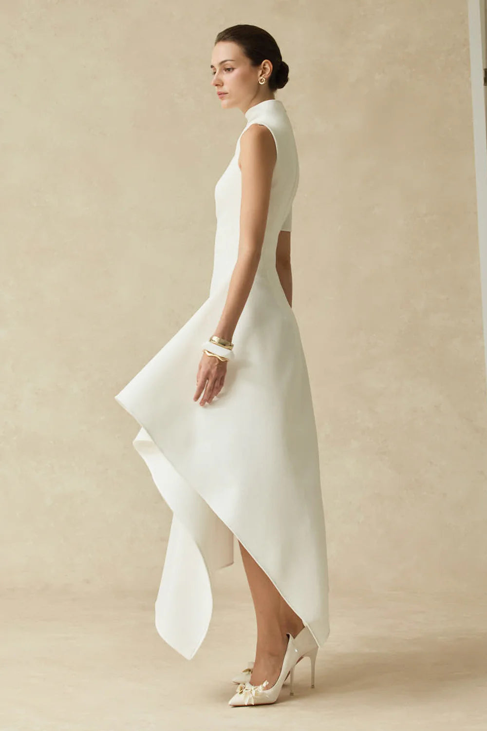 LLstyle White Asymmetrical High-Neck Midi Dress