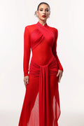 LLstyle Red Draped Sheer Maxi Dress