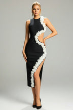 Floral Trim Cutout High-Slit Evening Dress