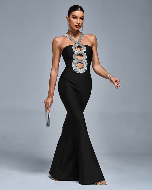 LLstyle Black Crystal Halter Evening Gown