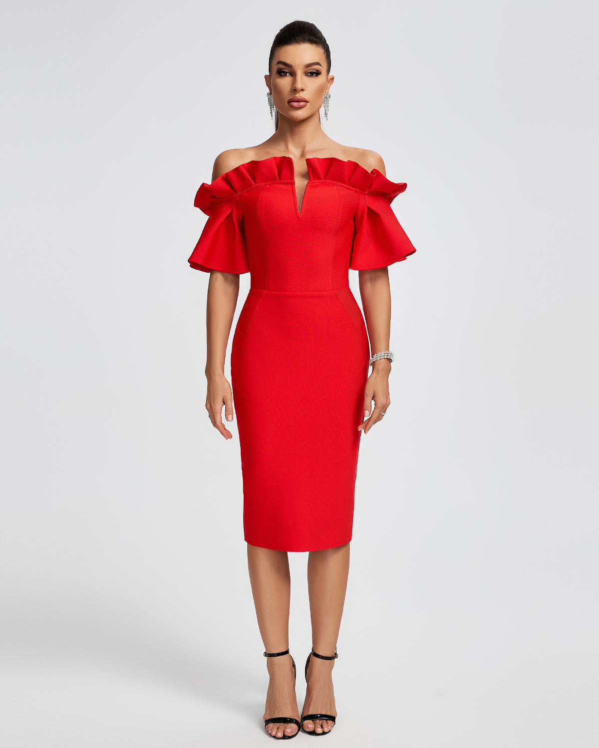 LLstyle Red Off Shoulder Ruffle Midi Dress