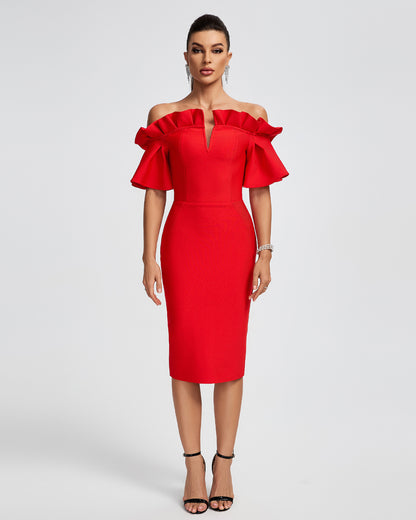 LLstyle Red Off Shoulder Ruffle Midi Dress