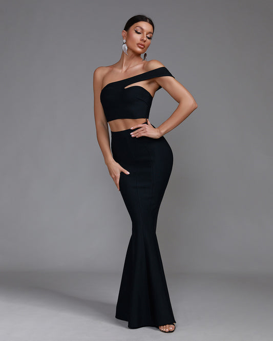 LLstyle Black Asymmetric Two-Piece Maxi Set