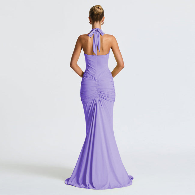 LLstyle Plunge Halter Ruched Maxi Dress