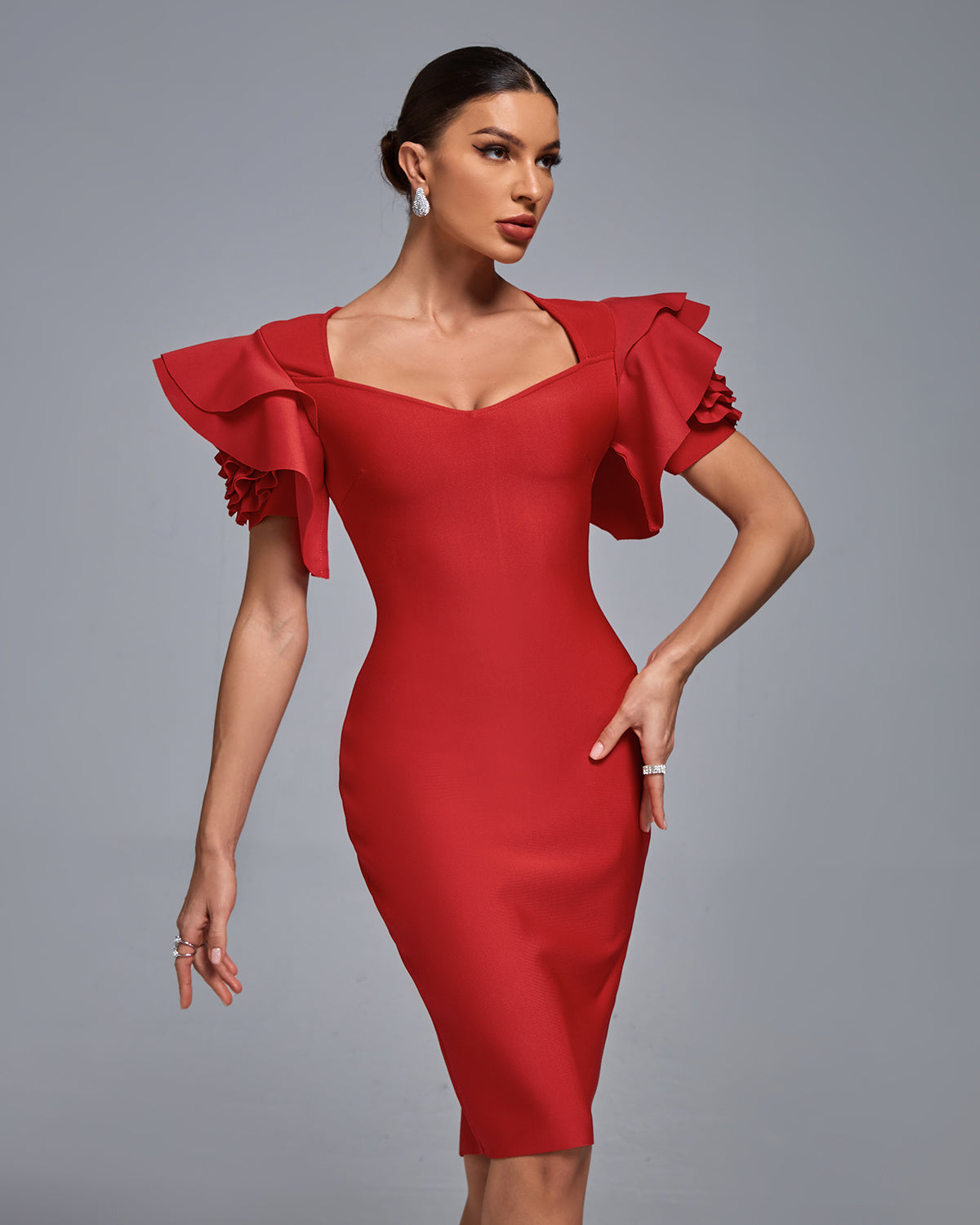 LLstyle Red Ruffle Sleeve Midi Dress