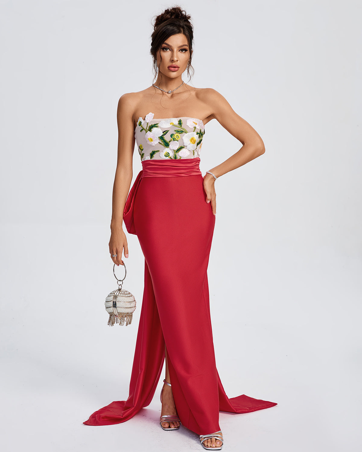 LLstyle Floral Embroidered Strapless Red Gown