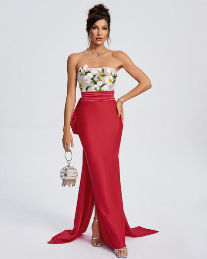 LLstyle Floral Embroidered Strapless Red Gown