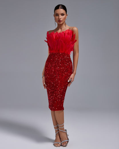 LLstyle Red Feather & Sequin Luxe Midi Dress