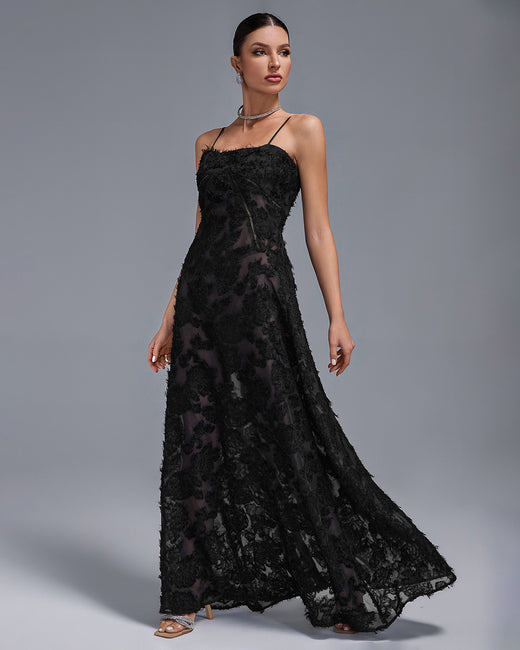 LLstyle Black Sheer Lace Slip Maxi Dress