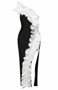 Eunna One-Shoulder Ruffle Contrast Midi Dress