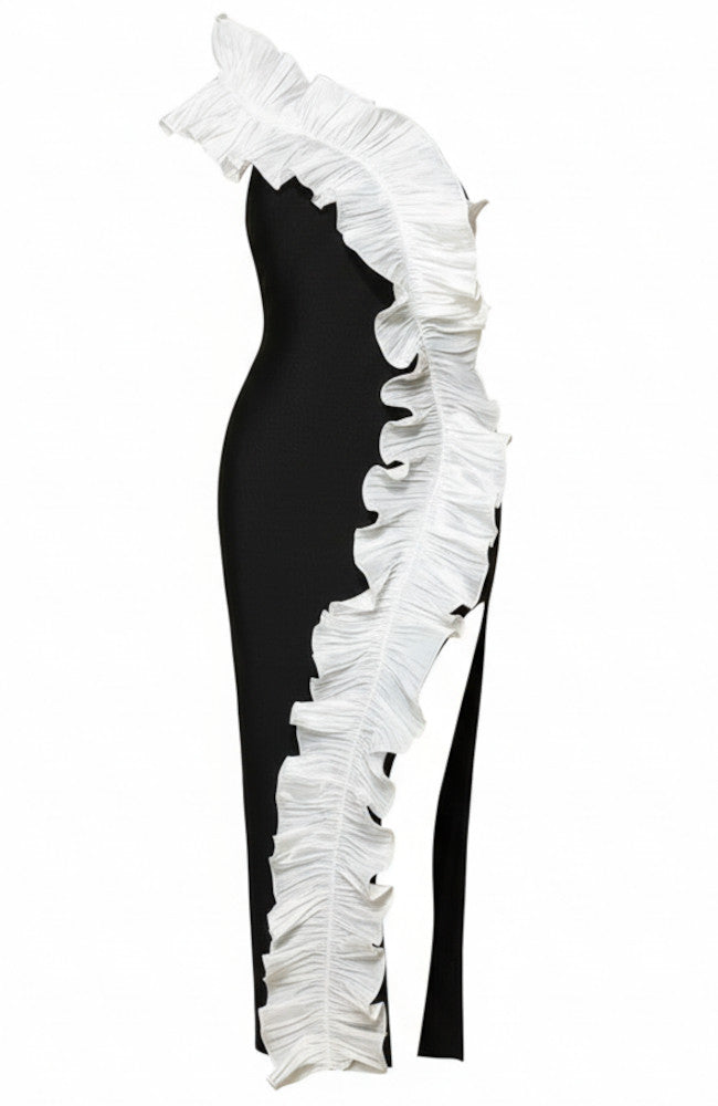 LLstyle One-Shoulder Ruffle Contrast Midi Dress