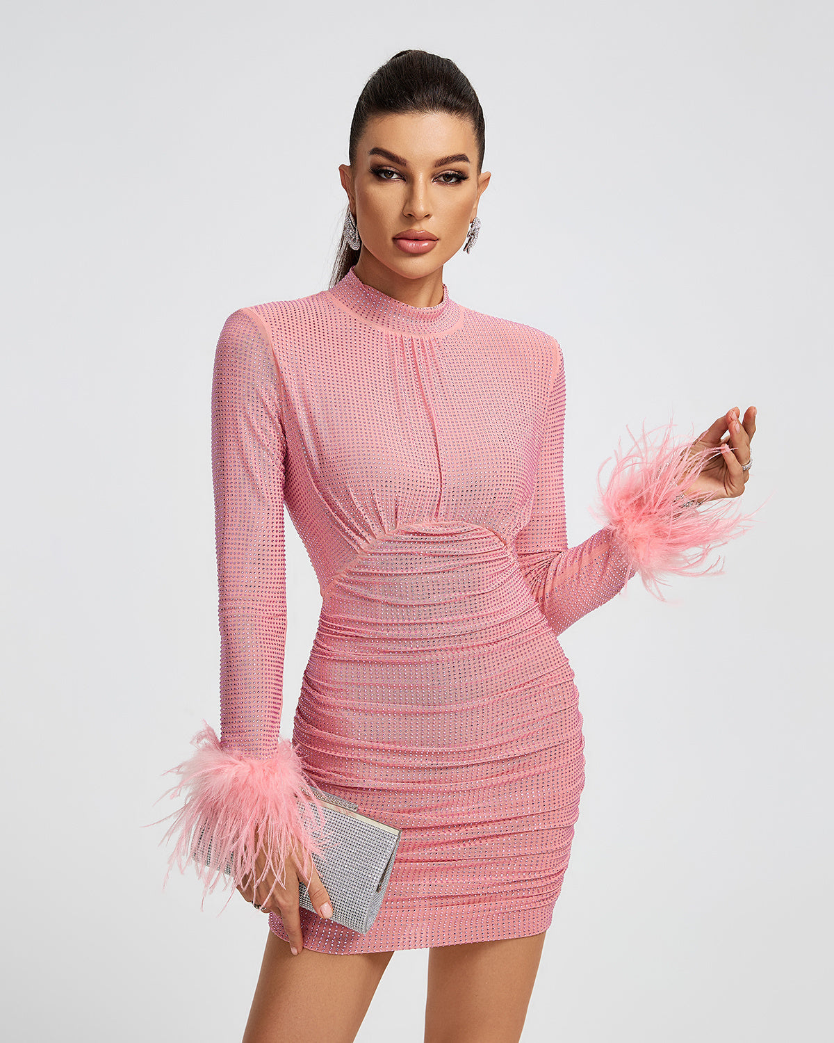 LLstyle Pink Feather-Cuff Ruched Mini Dress