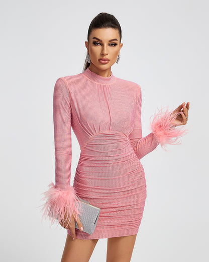 LLstyle Pink Feather-Cuff Ruched Mini Dress