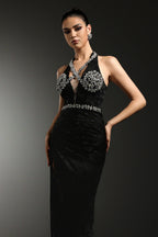 Crystal-Embellished Lace Halter Gown