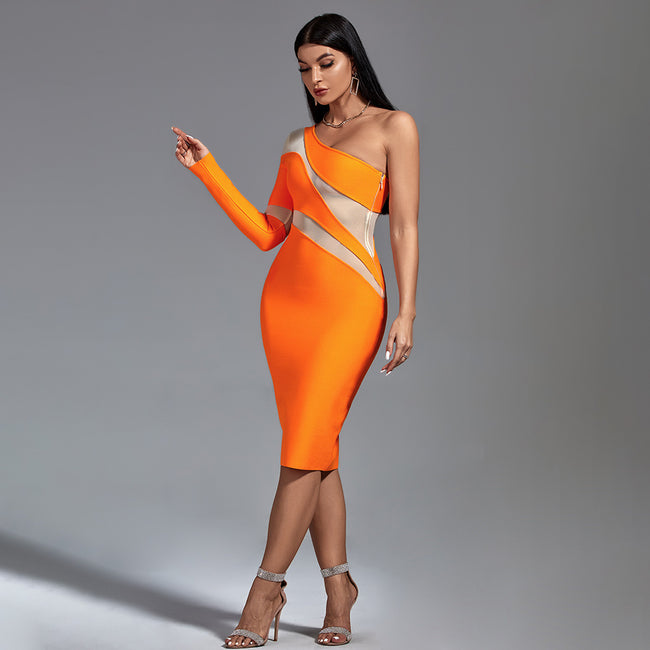 LLstyle Neon Orange One-Shoulder Mesh Panel Midi Dress