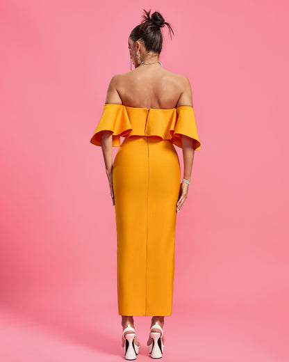 LLstyle Off Shoulder Golden Ruffle Dress