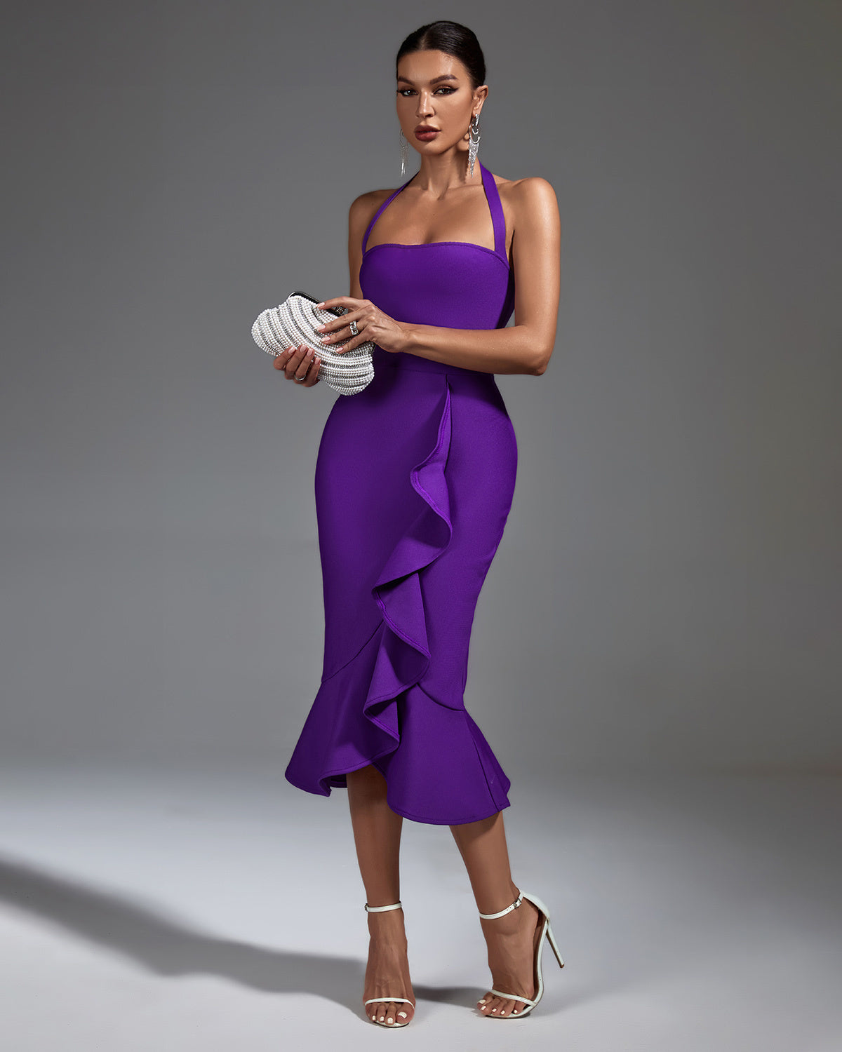 LLstyle Violet Ruffle Halter Midi Dress