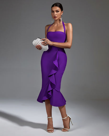 LLstyle Violet Ruffle Halter Midi Dress