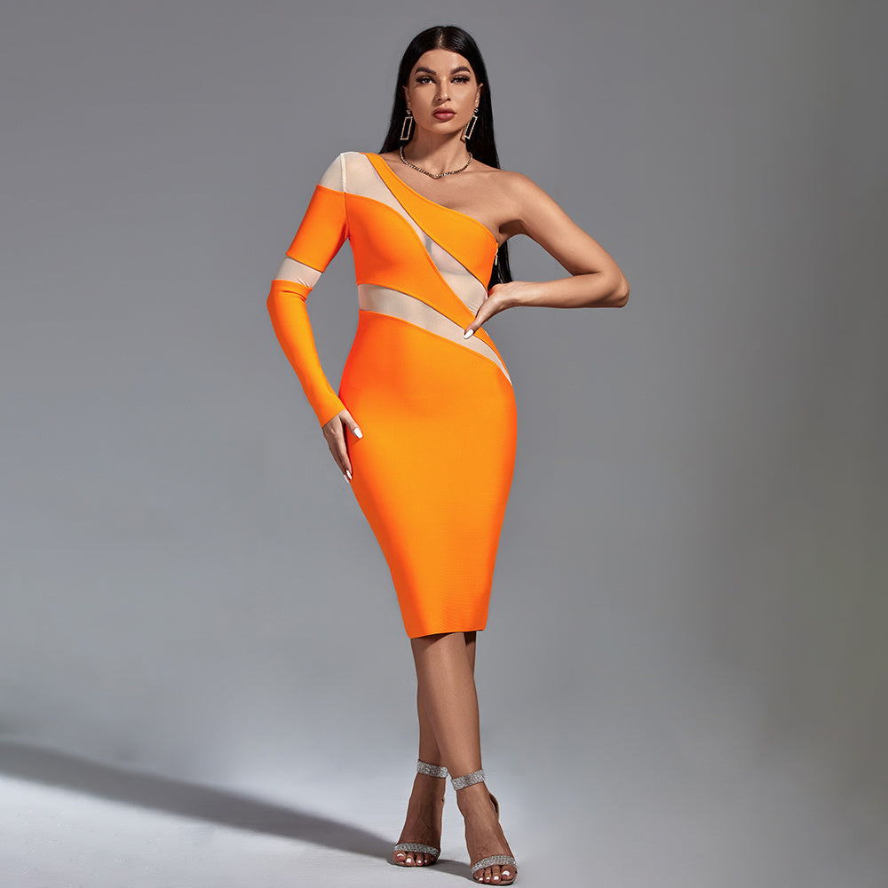 LLstyle Neon Orange One-Shoulder Mesh Panel Midi Dress