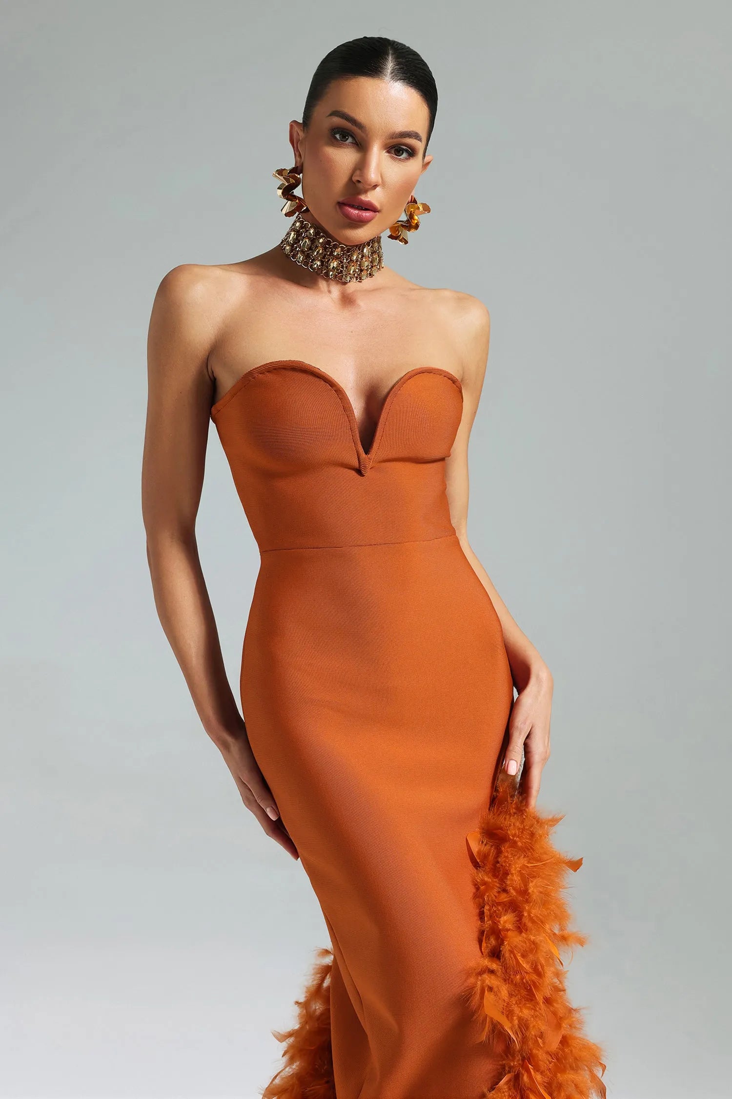 Llstyle Feather-Trim Strapless Midi Dress