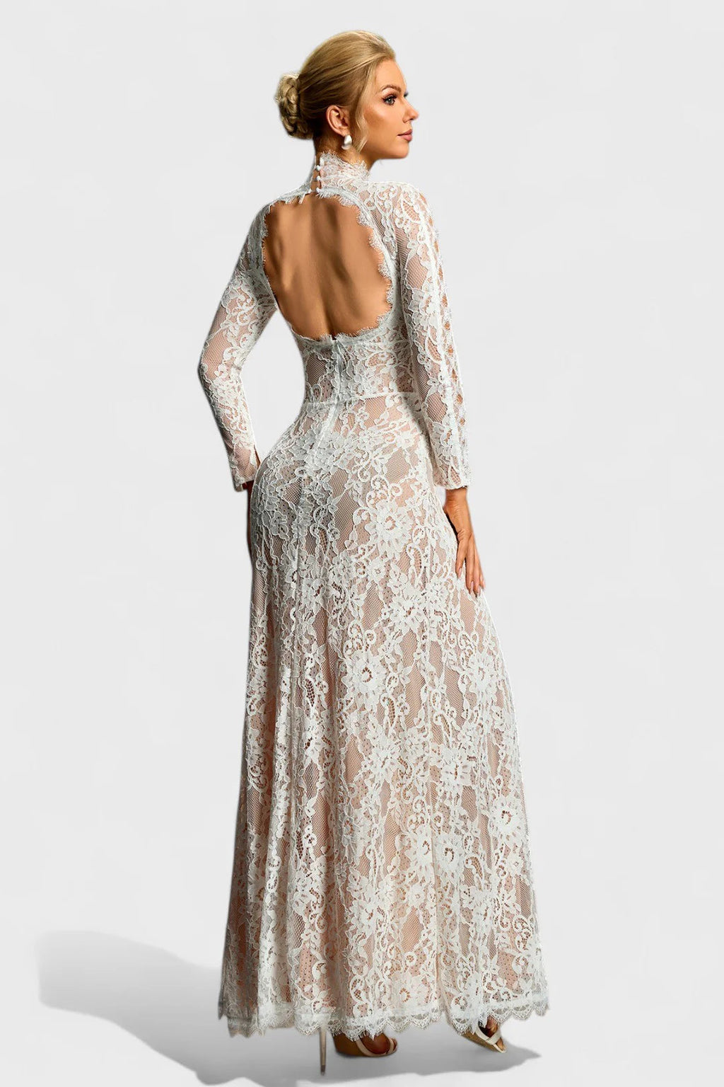 Annie Lace Illusion High-Slit Evening Gown
