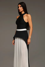 Black & White Halter Pleated Maxi Dress
