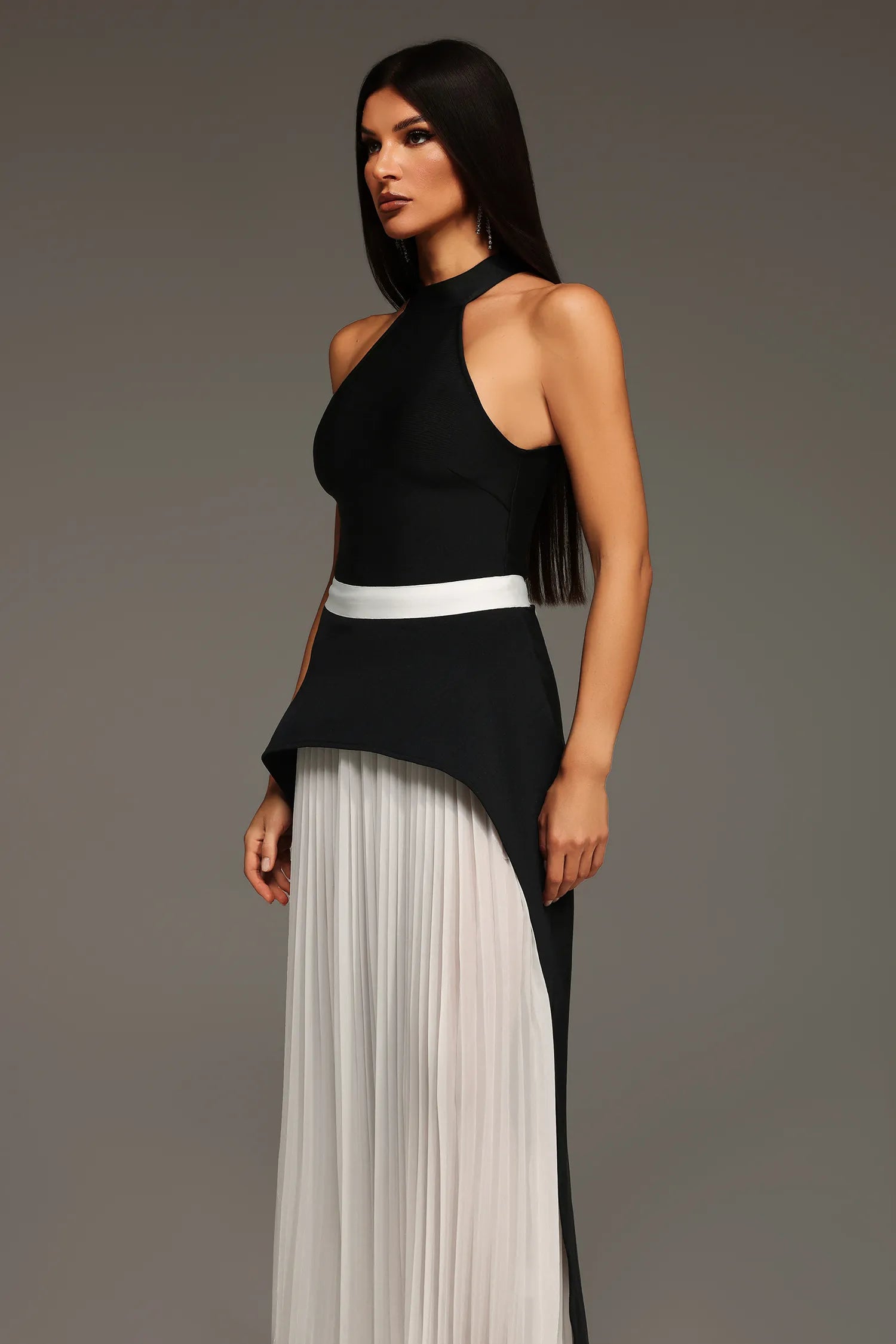 Black & White Halter Pleated Maxi Dress