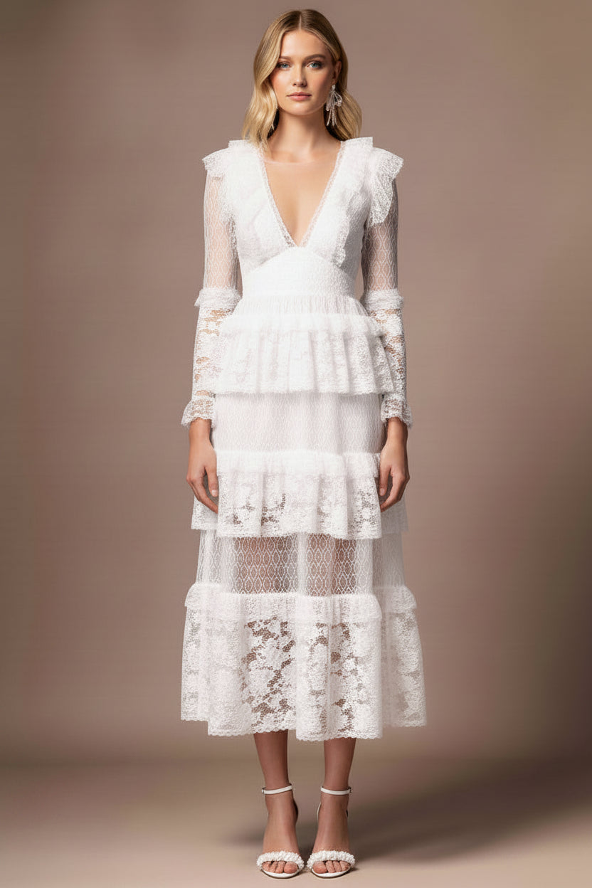 LLstyle Romantic Lace Tiered Midi Dress