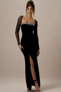 Kayla Rhinestone Trim Velvet Maxi Dress