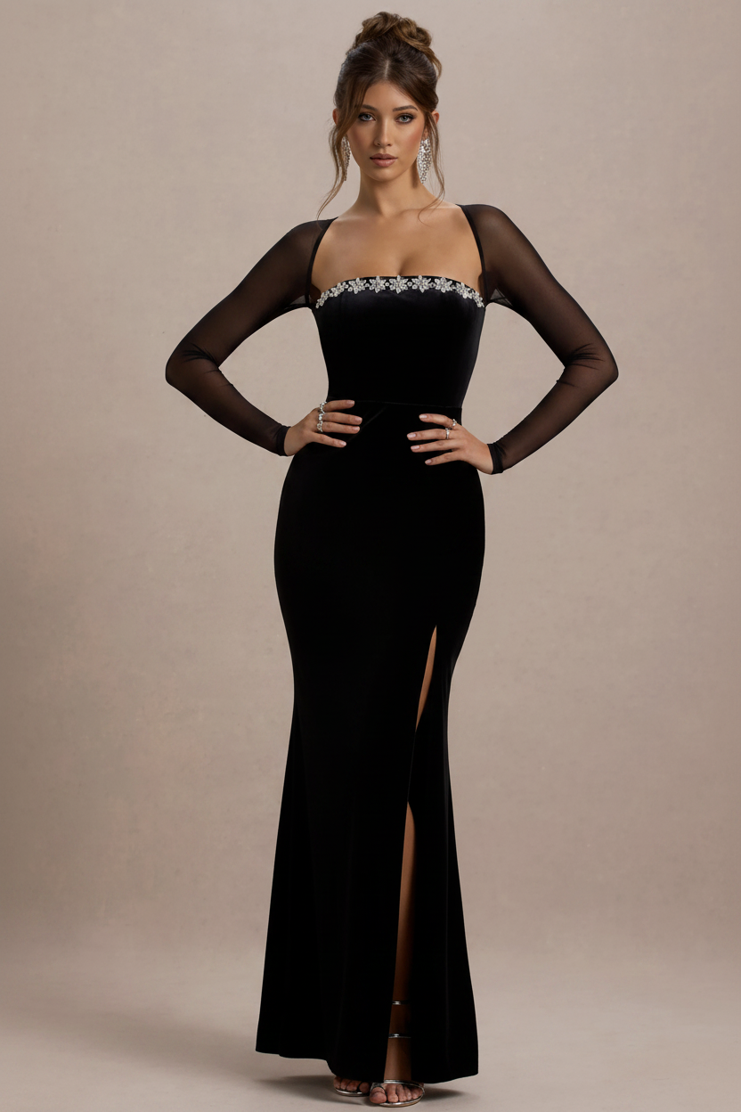 Kayla Rhinestone Trim Velvet Maxi Dress