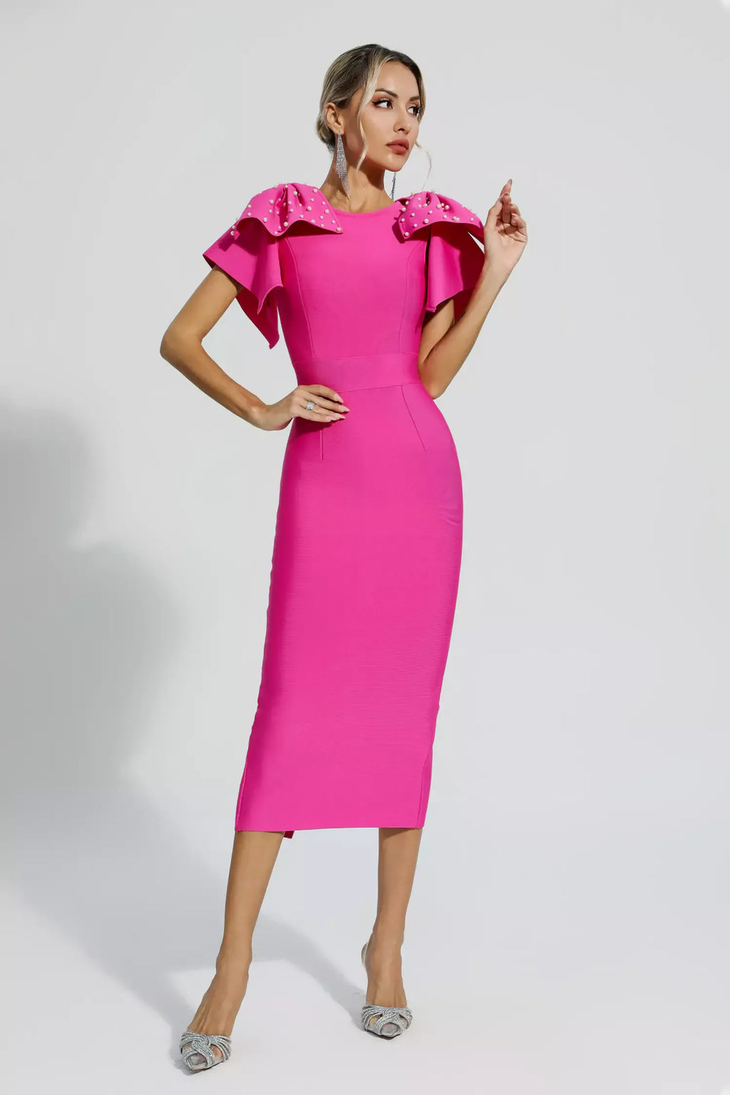 LLstyle Fuchsia Pearl Cape Sleeve Midi Dress