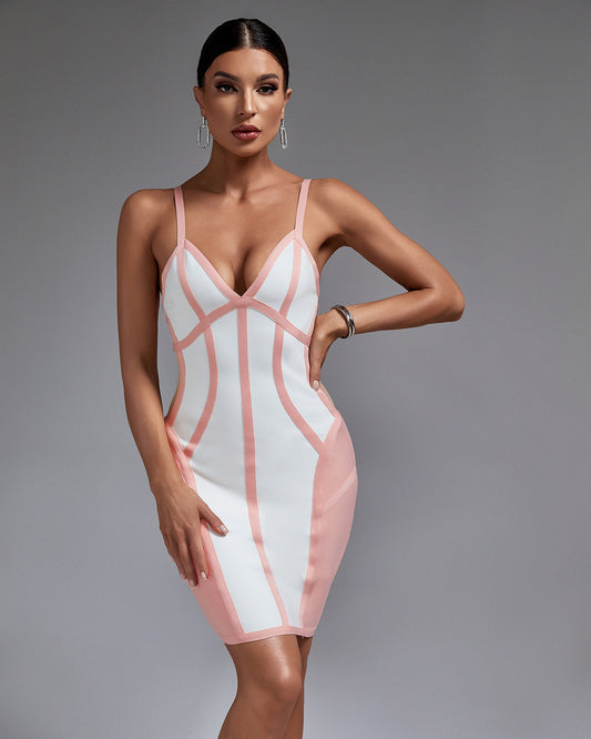LLstyle White & Blush Paneled Bodycon Mini Dress