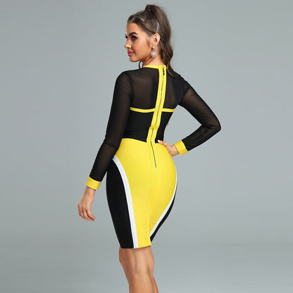 LLstyle Yellow Black Mesh Panel Dress