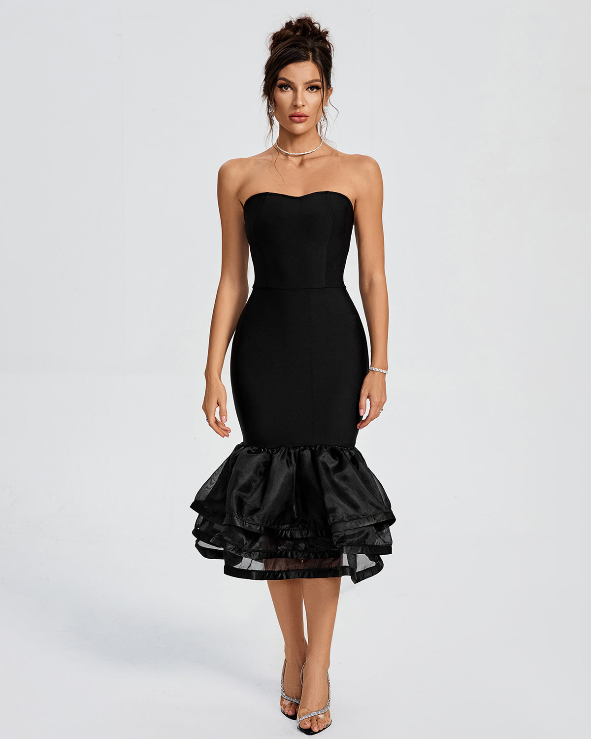 LLstyle Black Strapless Layered Ruffle Hem Dress