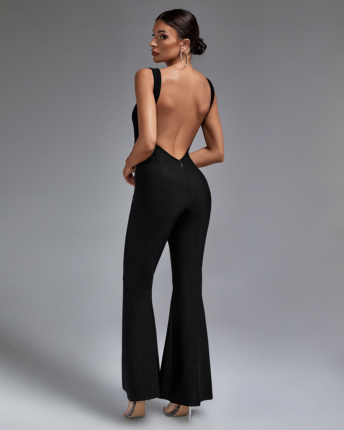 LLstyle Black Wide-Strap Flare-Leg Jumpsuit