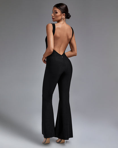 LLstyle Black Wide-Strap Flare-Leg Jumpsuit