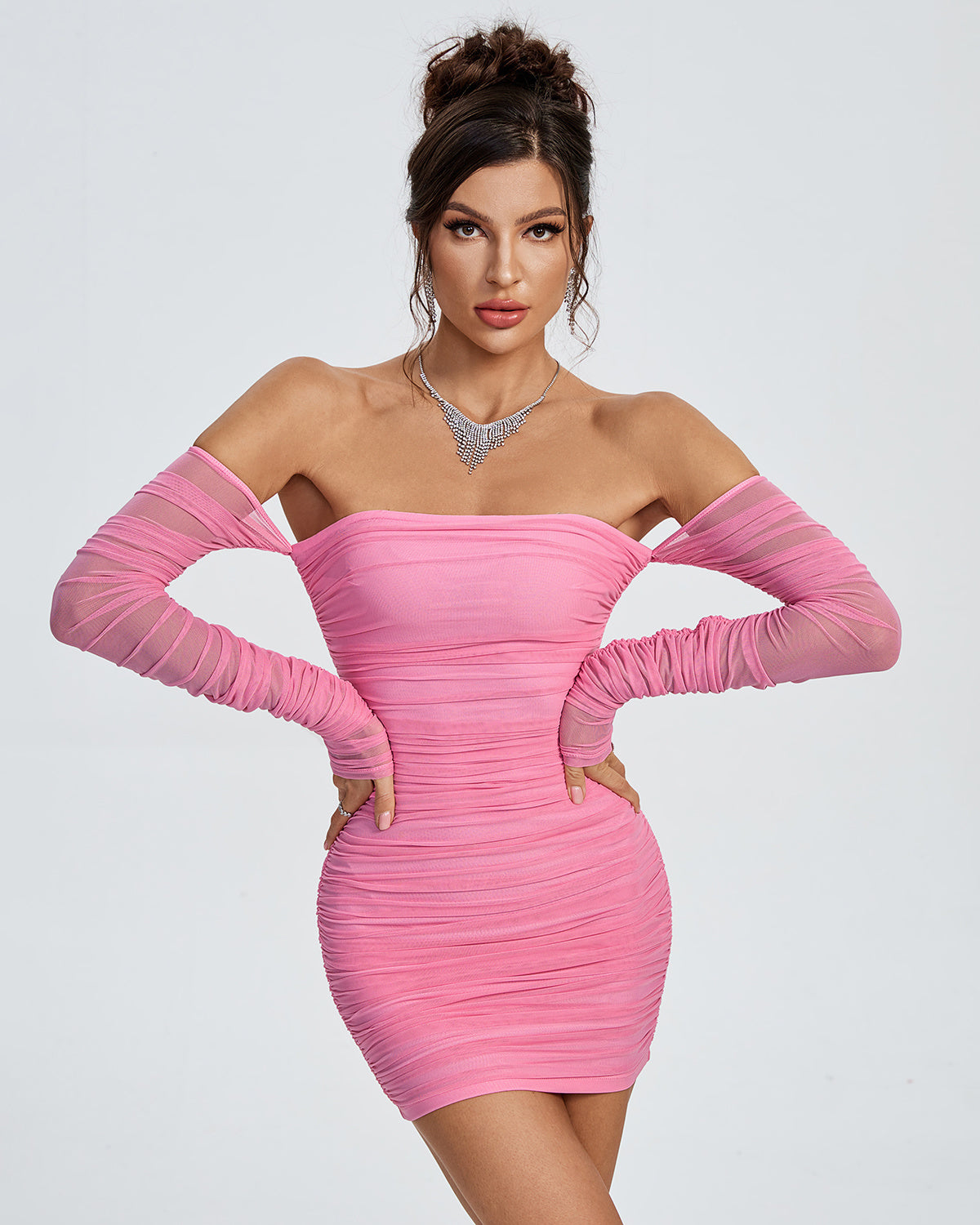 LLstyle Pink Ruched Off-Shoulder Mini Dress