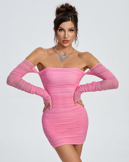 LLstyle Pink Ruched Off-Shoulder Mini Dress