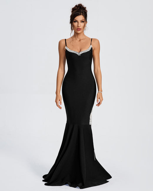 LLstyle Black Embellished V-Neck Mermaid Maxi Dress