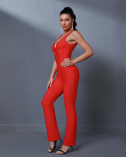 LLstyle Red Plunge-Neck Fitted Jumpsuit