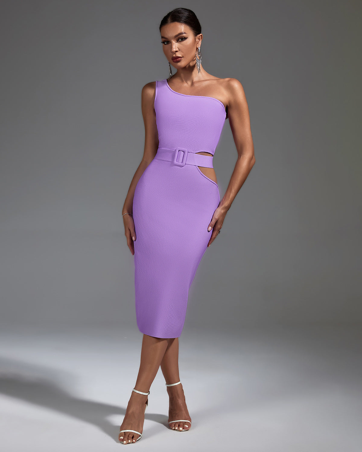 LLstyle Lilac One Shoulder Belted Midi Dress