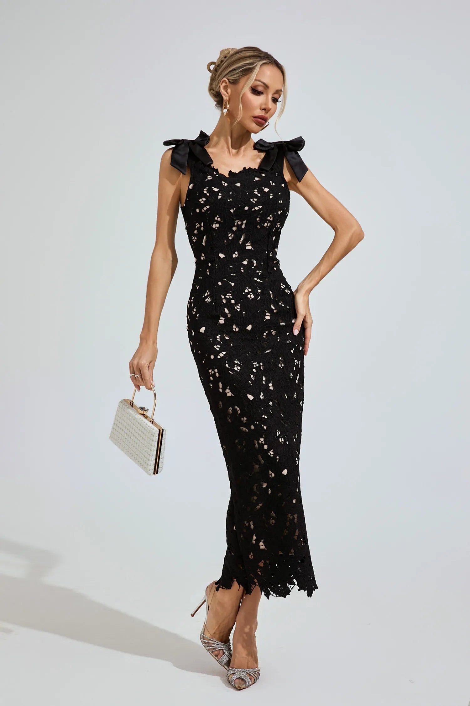 LLstyle Black Lace Bow-Shoulder Midi Dress