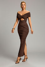 Jennifer Ruched Off-Shoulder Cutout Gown