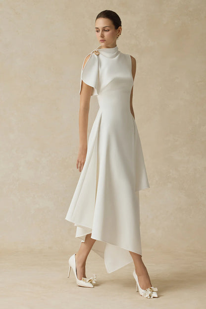 LLstyle White Asymmetrical High-Neck Midi Dress