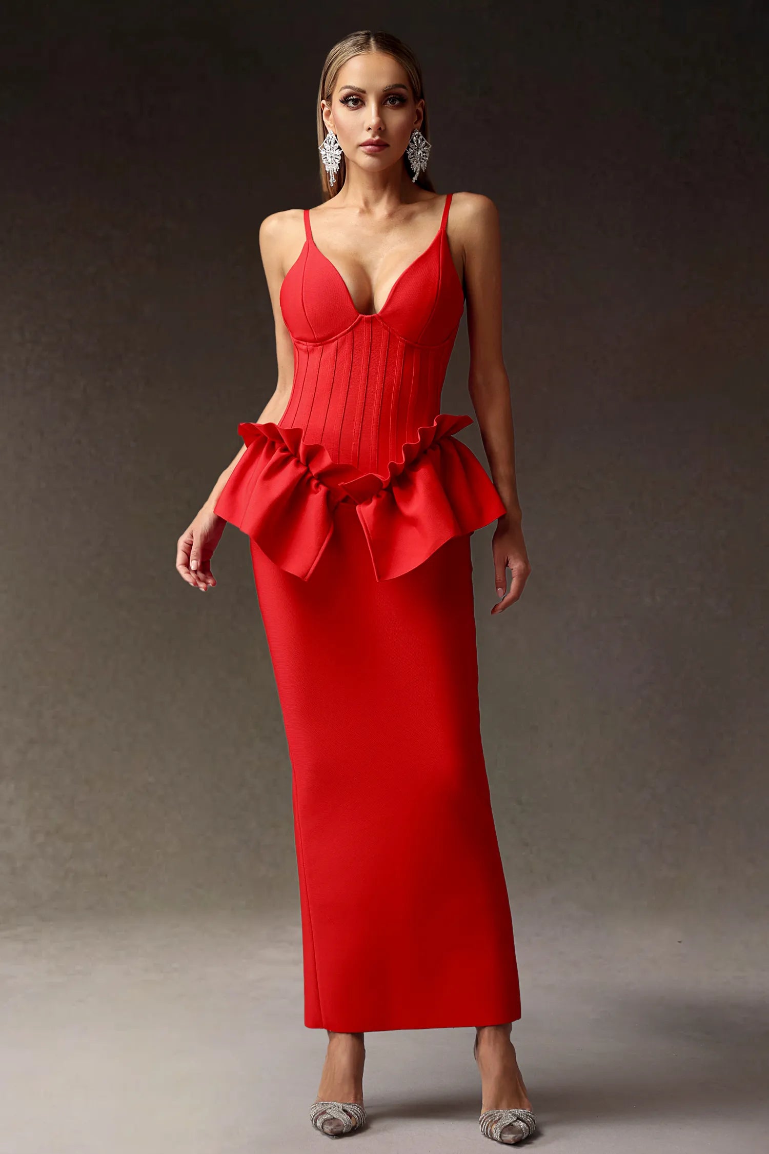 LLstyle Red Ruffle Waist Corset Maxi Dress