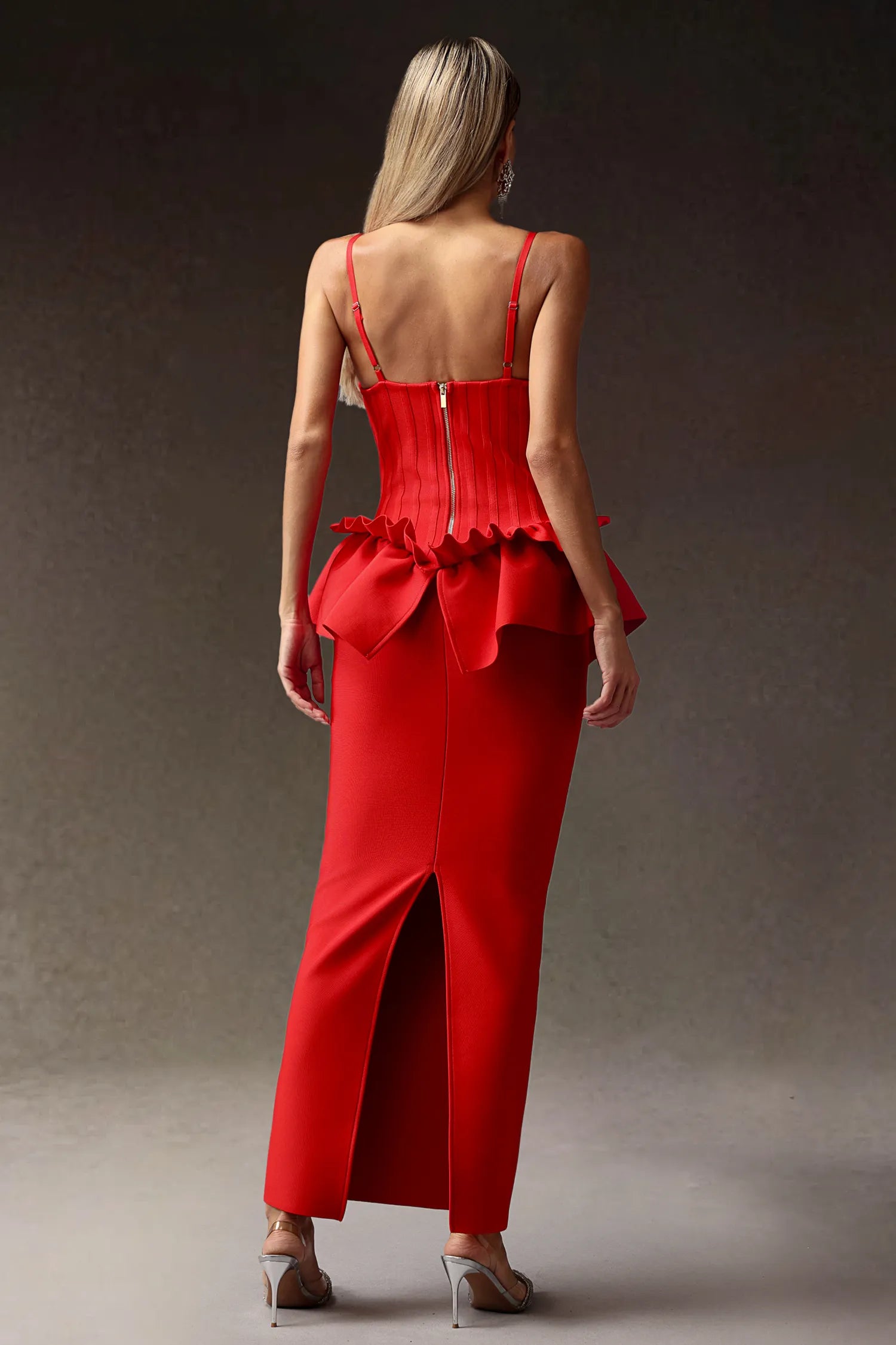 LLstyle Red Ruffle Waist Corset Maxi Dress