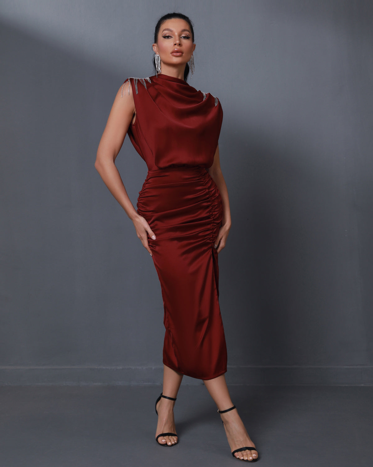 LLstyle Draped Burgundy Satin Midi Dress