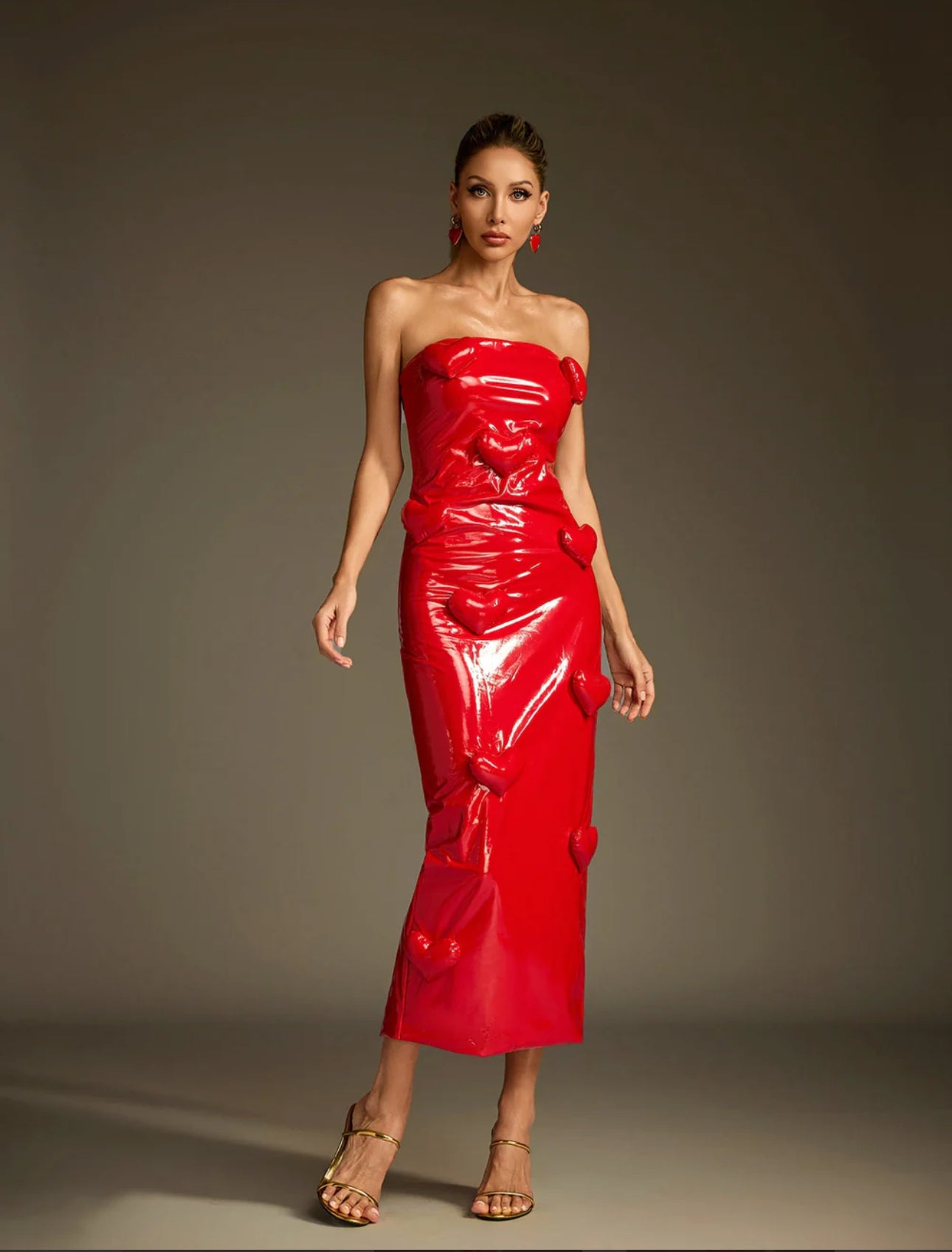 Llstyle Red Vinyl Heart Strapless Maxi Dress