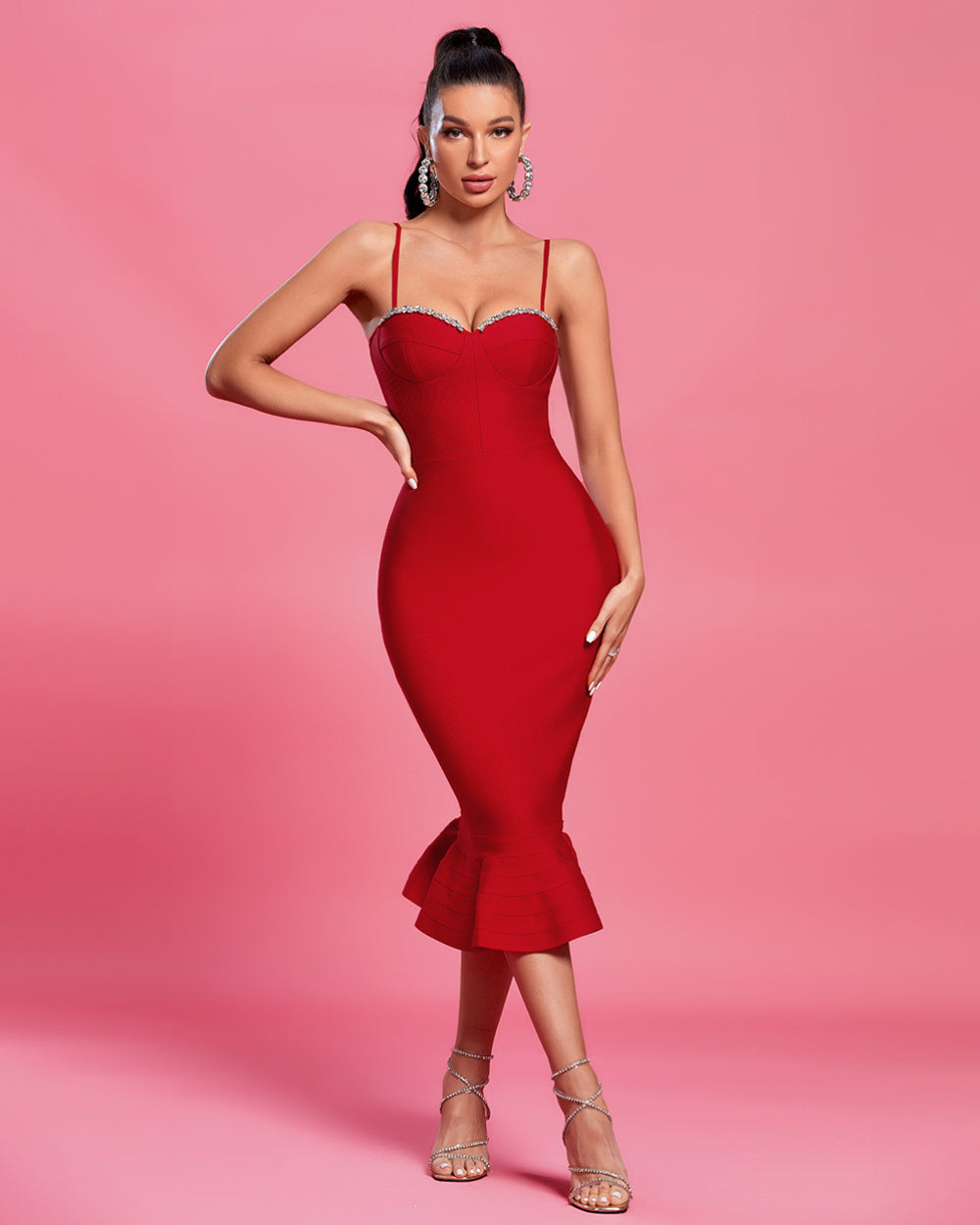 LLstyle Red Embellished Bustier Midi Dress