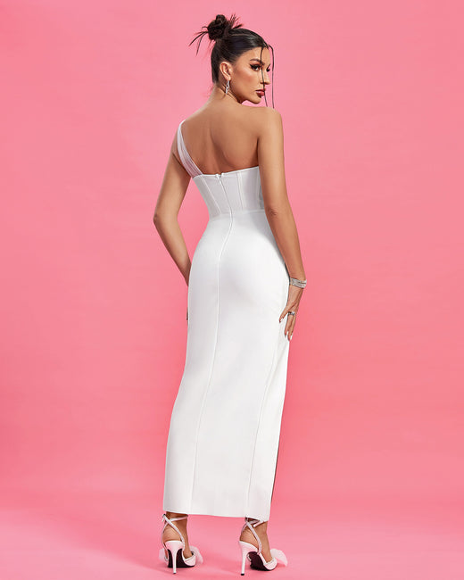 LLstyle White One-Shoulder Embellished Maxi Dress